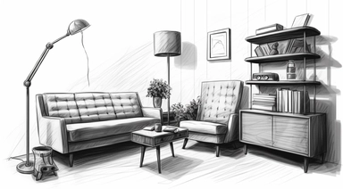 vintage clip art of a living room. In this living roon is an armchair, a telephone, a coffee table with an aquarium on top, a shelf and a painting on the wall. Vintage drawing. White background. Few simple lines. Retro vector