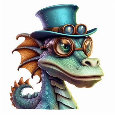 COMIC/CARTOON fantasy magical wacky dragon ,large eyeglasses, hats, muted colors, swirls, twists, twirls, metallic, glitter, stylized, funny, centered, airbrushed, digital oil, detailed illustration, clip art, cartoon, 8k, ar 9:8
