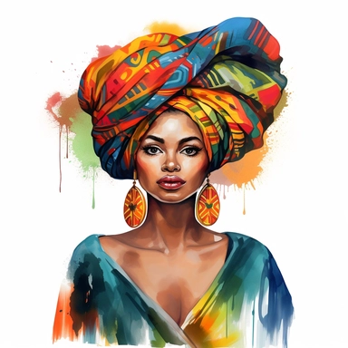 Create a watercolor clipart portrait of an African black fashion girl with a stunning afro hairstyle, adorned with colorful headwraps, and wearing traditional African-inspired clothing clipart, white background