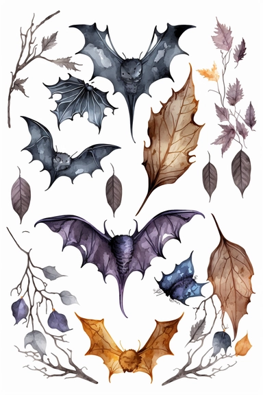 bat shapes made of twigs and dry leaves, watercolor halloween theme illustration clipart arranged as frame, in the style of dark amethist and dark amber, light gray and dark blue, light amethist and dark orange, precise brushwork, light grey and bronze, harmony with nature, violet and amber,