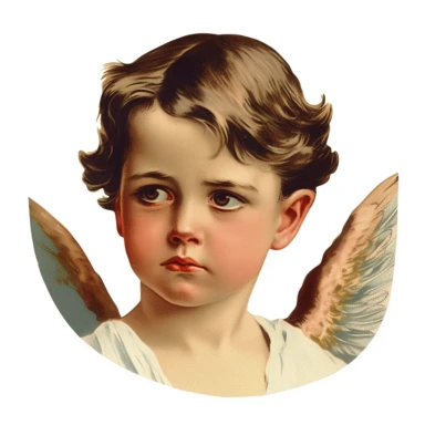 Vintage 1920 Portrait Shot View Of a Disgusted child head with Angel Wings Behind it Illustration , in the style of late 19th century, Chromolithograph, 1920s Illustration, Vintage, Chromolithograph, Colorful, Antique, Ephemera, Clipart, 8k, Isolated on white