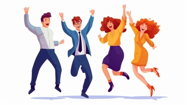 Happy jumping office workers flat vector illustration. Cheerful corporate employees cartoon characters set. Young male and female students in casual clothes isolated clipart. Diverse group of people., watercolor style illustration, vibrant,
