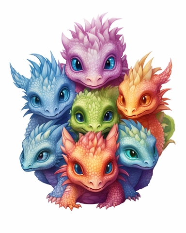 baby dragon with 5 heads clipart multicolored