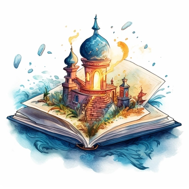 a big opened Fantasy Book Laying there with a heroic mystically themed scenery immerging out of the pages. The Scenery is featuring A genie emerging from a lamp, ready to grant wishes. It is drawn in a mesmerizing clear lined simple watercolor illustration style by Valentina Verlato using bold and saturated colors. It is a png clipart on a white background, it should be easy to cutout and remove the background from, so only use saturated colors around the edges of the clipart. The composition is