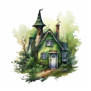 hyperrealistic high detailed green witches cottage in the woods, watercolor clipart, white background