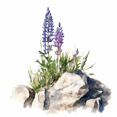 a solitary lupine flower growing on a hillside clipart, white background, watercolor drawing