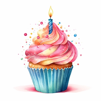 watercolored clipart Birthday cupcake with candle