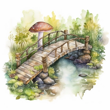 Illustrate a watercolor bridge crossing a gentle forest stream, decorated with enchanted forest elements such as mushrooms, ferns, and moss-covered logs. This design can be incorporated into various clipart compositions or used as a standalone element for