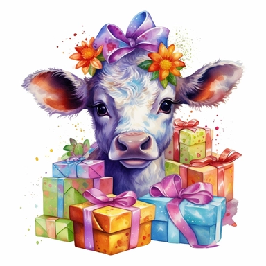 please create watercolor clipart of a baby cow, smiling, wearing party clothes with birthday presents, vibrant colors, intricate details, isolated on white background, vivid colors, hdr, 8k