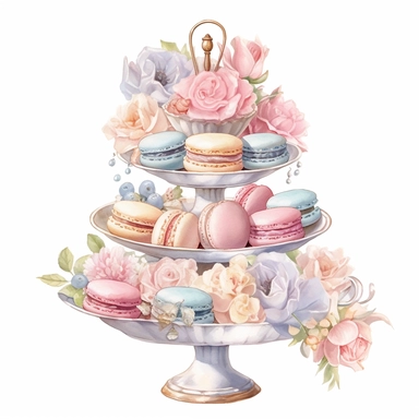 Clipart, Watercolor, Blush Floral Shabby Chic Tier Candy Tray with Sweets, Macarrons, Cakes and Cupcakes, light colors, hand-draw, texture