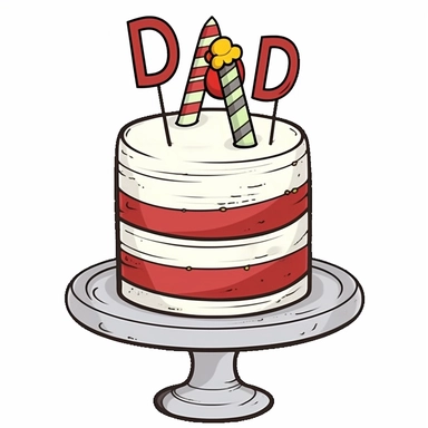 a clipart image of a birthday cake with the word dad written on, in the style of contemporary, black and white line work, light gray and maroon