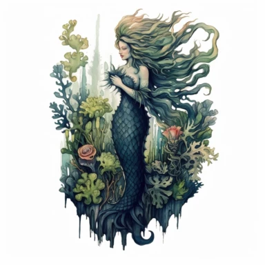 Horror style overrealistic mystical mermaid, bottom of the sea with watercolor effect, dark blue water, dark green mosses, deep water, sea plants, coral and mussel, random fishes, undersea details, suitable for digital clipart, white background