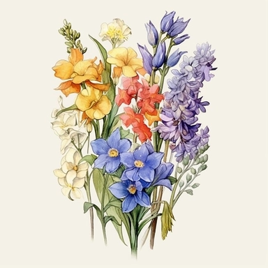 Design a hand-drawn watercolor clip art image of a family gift niche adorned with birth flowers representing each family member. Customize the image by selecting the birth flowers for a family of five: a January baby (Carnation), a March baby (Daffodil), a July baby (Larkspur), an October baby (Marigold), and a December baby (Holly). Ensure that the colors are vibrant and the composition radiates love and warmth.