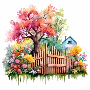 clipart, isolated on white background, Watercolor Spring beautiful ornated fence fulls of the colorful flowers and grass and plants and branches and tree, ornated, vivid and vibrant and saturated colors