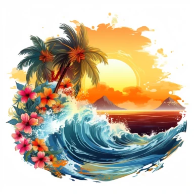 artwork majestic palm tree in digital painting style, beautiful flowers, sunrise mountain and clouds, big sea waves, water splashes, water splashes, white background, colorful fantasy flower surround, highly detailed clean, vector image, photorealistic master piece, professional photography, realistic, flat white background, isometric, vibrant vector, clipart, illustration, realism, 4k, cinematic, front view, white background