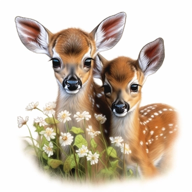 cute but realistic color pencil sketch clipart. baby deers, sitting in the flowers