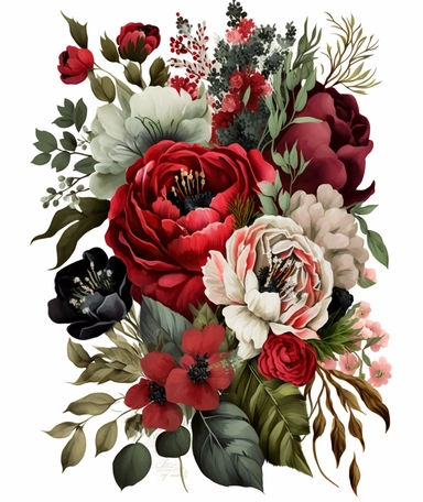 Tall floral bouquet in crimson, white, and black, reminiscent of Alabama University colors, depicted in a watercolor clipart. The flowers are large and bold, featuring roses, peonies, and poppies, with delicate green leaves and stems interspersed throughout
