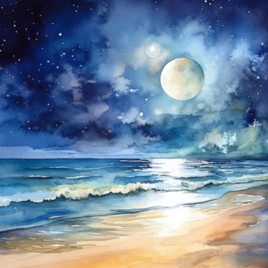 Under the watchful gaze of the moon, a mesmerizing holographic beach emerges in the depths of night, painted in captivating strokes. watercolor clipart. With a gentle and natural lighting casting its glow, the colors of this scene emanate a sense of wonder and relaxation. The composition is crafted to offer the best possible view, focusing solely on the ethereal interplay between sand and water. The holographic waves gently lap against the shore, their luminosity reflecting the shimmering light,