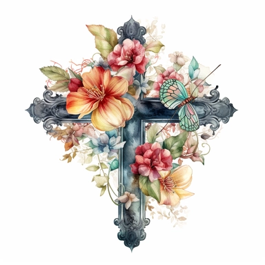 Watercolor sketch of floral cross, natural single design, highlydetailed, clipart style, white background, 8k