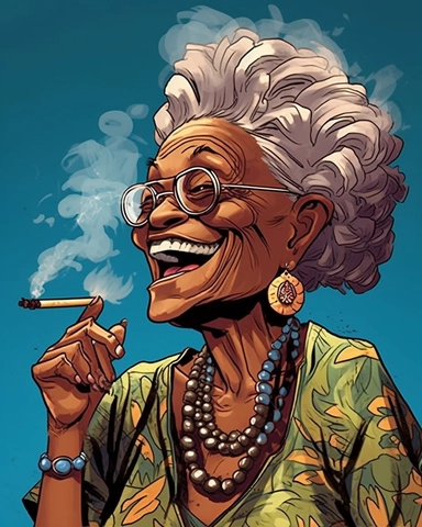 laughing funny Comic Book style Sassy hip African American Boho chic Grandma with long goddess braids puff puff pass Smoking a cuban cigar with smoke on the end tip of big blunt clipart