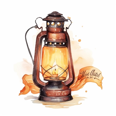 Watercolor illustration of vintage kerosene lamp with ribbon paper banner: Let your light shine. Isolated on white. Vintage clip art element of a burning gas lamp for design cards, posters, stickers.