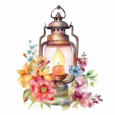 watercolor vintage rustic hurricane lamp with flowers in vibrant colors clipart, hd, white background--ar3.2--s1000