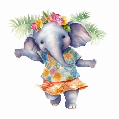 Summer hawaiian Chubby cute happy dancing elephant clipart watercolor isolated on the white background sublimation, Monica Rohan, white background realistic, watercolor, textured 8k, detail illustration, white background