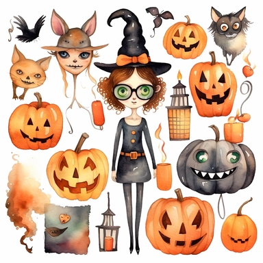 halloween watercolor clipart, happy halloween party theme