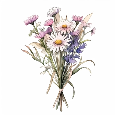 wild flowers with long stems tied together with string to make a bouquet, super-realistic, detailed, watercolor, light colors, clipart, minimalist