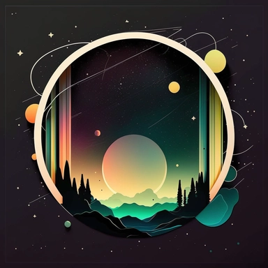 logo, geometric frame, vector, clipart, modern, northern lights, planets, outer space, cartoon, clean lines,