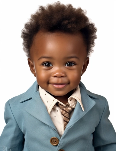 Hasselblad 24 mm three quarters shot of a gorgeous african american baby boy very well dressed with Blue Eyes, clipart, Composition: Relaxed position with intricate high hairstyle, smiling, Style: Pirate, white background, hyperrealism, 32k