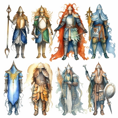 NPC fantasy guard, water color clipart sets, with white background