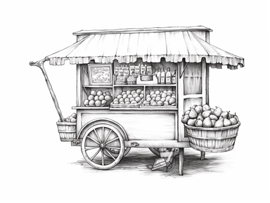 pencil drawing Cute french - style a farmer selling peach bakery stand clipart, 1940, peach pie, peach ice tea, peach jam jar, peach muffin,
