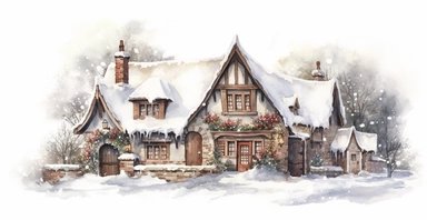 Cute English Cottage, snowy, watercolor clipart