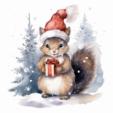 A lovable excited squirrel with santa hat, with a beautifully wrapped gift, christmas tree, snowflakes, a snowy mountain landscape, a hint of a moonlit sky., ornamental watercolor clipart