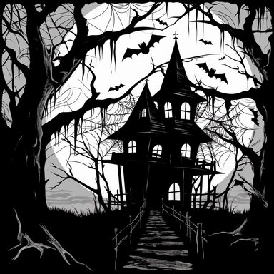 a haunted house, sihouettes of trees, spider webs and black spiders, clipart, cartoon style--q2--v5.1--1000