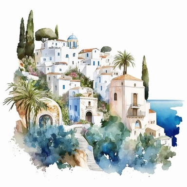 beautiful watercolor clipart of a Mediterranean scene with white village houses and the seascape, blue and white, compositions on an isolated white background. Bright landscapes illustrations, highly detailed