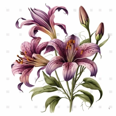 Watercolor realistic detailed purple tiger lily bouquet clipart, white background, no text