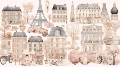20 Digital stickers, sticker bundle, paris, city items, plain background, watercolor illustration, clipart, Beige, pink, grey, aesthetic, realistic, 8k,