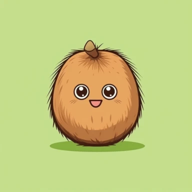 Create a charming vector illustration of a kawaii hairy brown kiwi fruit. The design should have a simple and minimalist aesthetic, suitable for modern clipart. The kiwi fruit should be depicted with cute features, such as big eyes and a smiling face. Use versatile colors that complement the overall design. The illustration should be placed on a clean white background. The artist Nathan Park is known for his expertise in creating delightful graphics, so channel his style and attention to detail 
