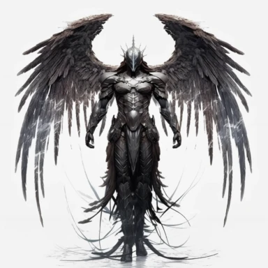 image of a dark archangel mythological figure, sci-fi style, white background, clipart