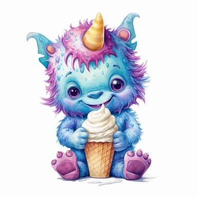 adorable baby monster holding ice-cream cone in cute character, watercolor styles, high definition, Sublimation Clipart,hyper realistic, intricate detail, illustration style, isolated on white background for removing background