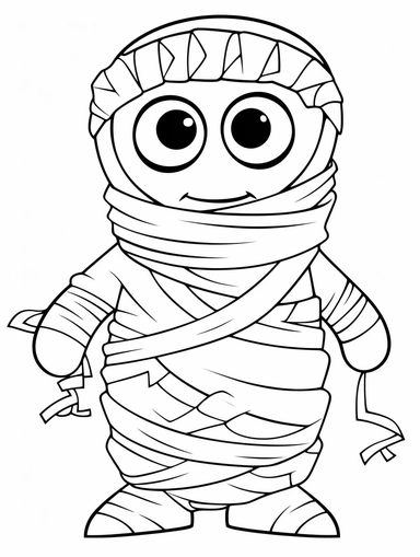 halloween mummy coloring book for kids, cartoon character, clipart, black and white, white background
