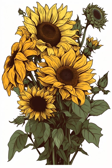 sunflowers with a country feel, pop art, clipart, white background