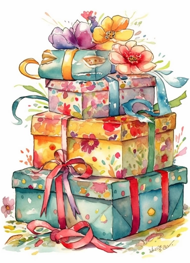 insanely beautiful pile of 3 wrapped gift packages , one of them has wrapping paper in pastoral floral, in the style of beatrice potter, 32k uhd, hand-painted details, children's illustrations, pastoral, amazing colour combinations , aquarellist, hd , white background clipart ,-- no watermark