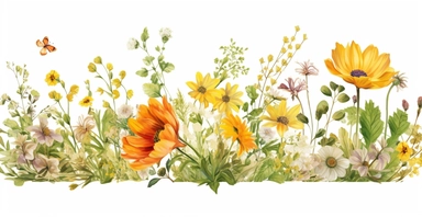 Pressed boho cottagecore floral clipart Peony, ranunculus, sunflower and verbena floral border wildflowers with green foliages floral nature garden border, clipart with white background