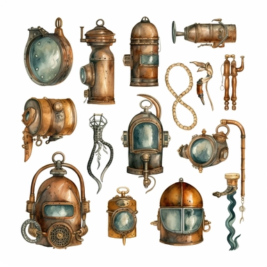 watercolor antique diving equipment , illustrations clipart set, simple, , cartoon elements ,different variants , brass elements, , separate elements with a margin, ,4k, high resolution