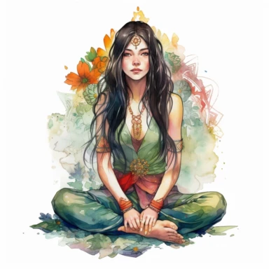 bohemian girl with long black hair, green eyes, sitting in lotus position , in the style of mucha, in the style of realistic watercolor, watercolor clipart on white background,die cut on white background, 8k, Job ID: 604300f4-6984-4a9a-aa16-00313a985d77 Seed: 1300855054 8k, ar 4:5
