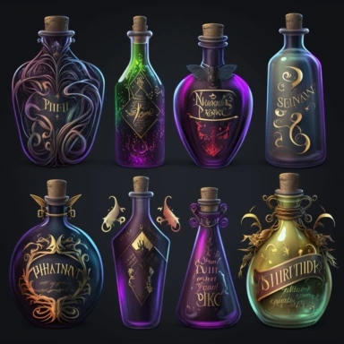 seamless realistic clipart image of gothic magic potion bottles could be a set of 6-8 hand-drawn pencil illustrations of various sizes and shapes of glass bottles with different colored liquids inside. Each bottle could have its own label indicating its name and purpose, such as Love Potion #9, Invisibility Elixir, Strength Tonic, Youth Serum, and so on. The labels could be designed with intricate calligraphy or spooky handwriting, and each bottle could have unique embellishments such as cork st