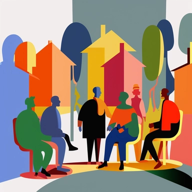 a group of people walk through a neighborhood pointing and talking at different features and amenties. Each person is a different bright primary color in a clipart style. Very simple geometry and almost abstract.